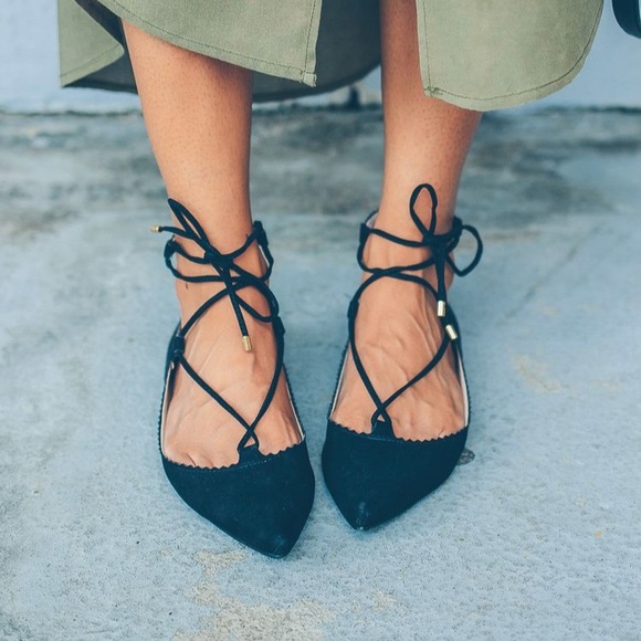 Topshop Ballerina Strap Up Black Suede Flats - Picture 5 of 8